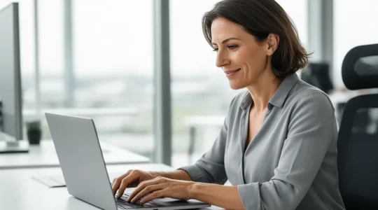Professionnelle consultant un écran d'ordinateur pour envoi de LRAR électronique dans un bureau lumineux