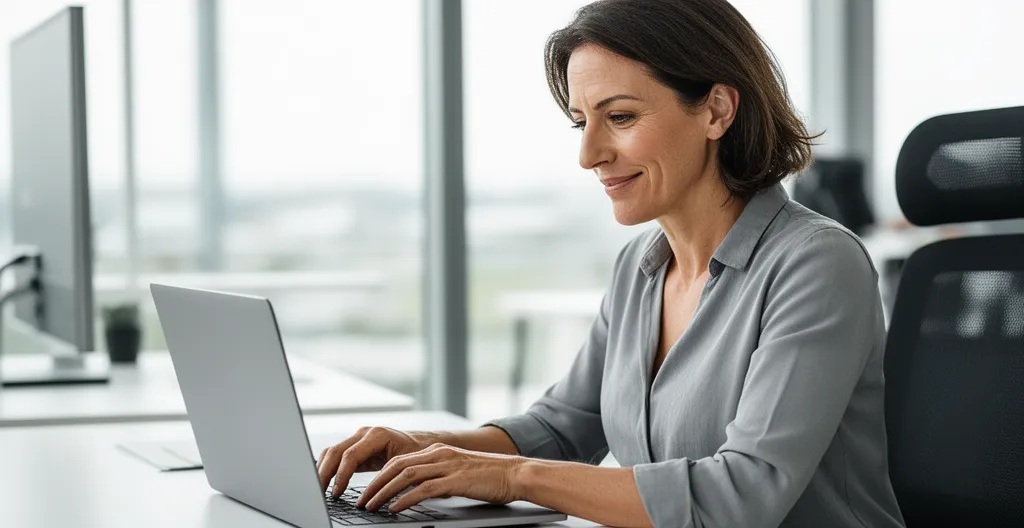 Professionnelle consultant un écran d'ordinateur pour envoi de LRAR électronique dans un bureau lumineux