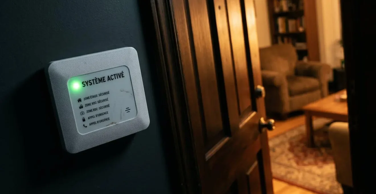 Boîtier d'alarme actif avec LED verte monté sur un mur à côté d'une porte d'entrée entrouverte la nuit, laissant filtrer la lumière intérieure d'un salon