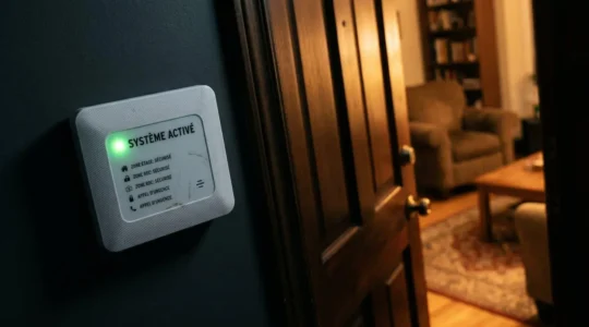 Boîtier d'alarme actif avec LED verte monté sur un mur à côté d'une porte d'entrée entrouverte la nuit, laissant filtrer la lumière intérieure d'un salon