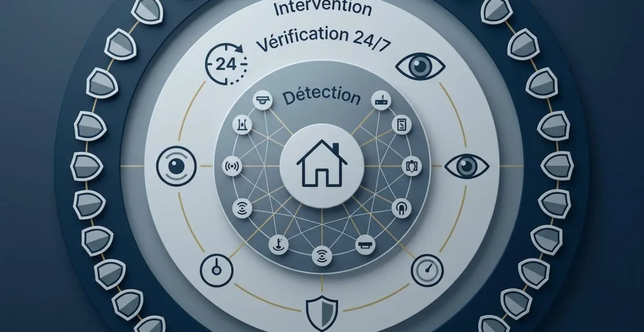 Composition abstraite en cercles concentriques représentant la chaîne de télésurveillance : détection, vérification humaine, intervention coordonnée