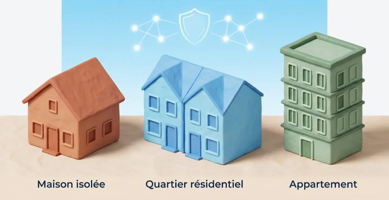 Trois types d'habitations stylisés côte à côte : maison isolée, maison en quartier résidentiel, immeuble d'appartements, sous un ciel symbolisant la protection adaptée