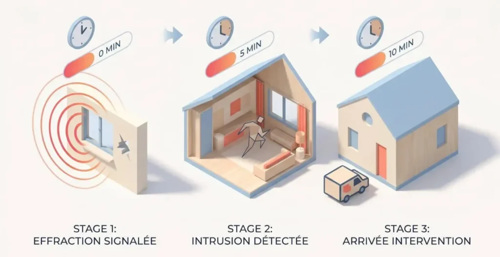 Schéma isométrique en 3D montrant les trois étapes temporelles d'une intrusion : déclenchement alarme, durée cambriolage, arrivée intervention Schéma isométrique en 3D montrant les trois étapes temporelles d'une intrusion : déclenchement alarme, durée cambriolage, arrivée intervention